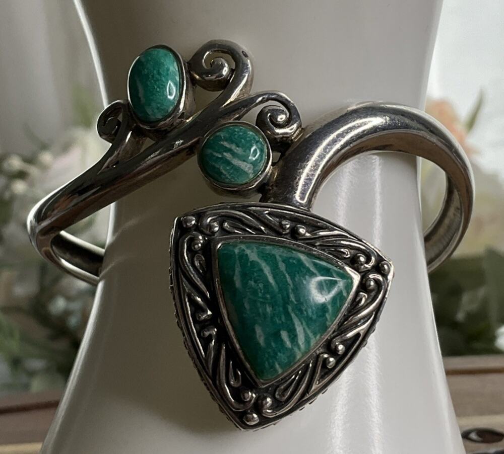 Vintage Sterling Southwestern Silver Signed NK Amazonite Cuff Bracelet 37 Grams!